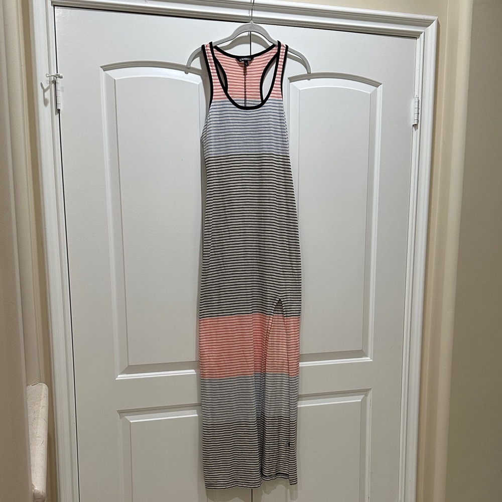 Express Striped Maxi Dress in Black, White, Pink, and Gray
